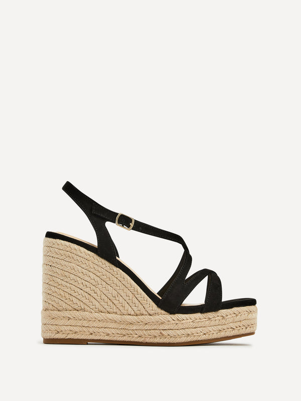 Linzi Black Faux Suede Strappy Square Toe Rope Wedge