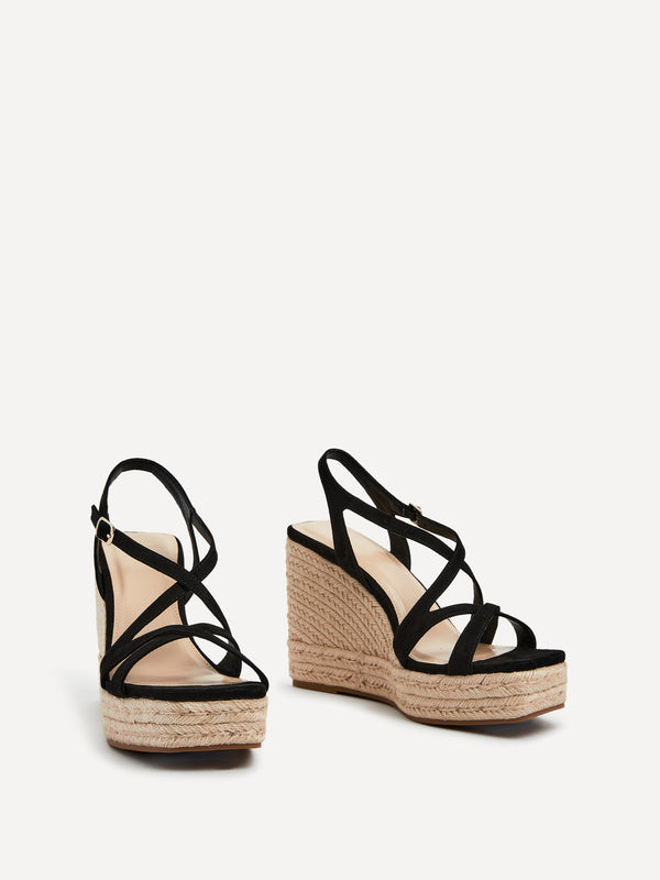 Linzi Black Faux Suede Strappy Square Toe Rope Wedge