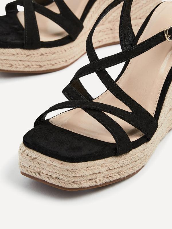 Linzi Black Faux Suede Strappy Square Toe Rope Wedge