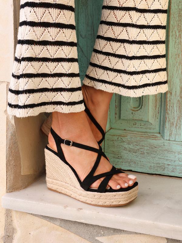 linzi Black Faux Suede Strappy Square Toe Rope Wedge