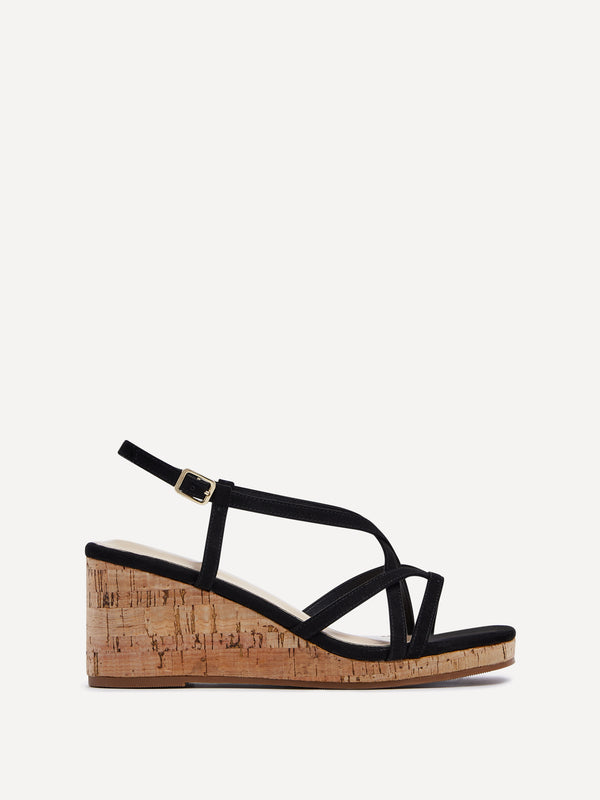 Linzi Black Faux Suede Strappy Wedge Sandal With Wrap Around Ankle Strap