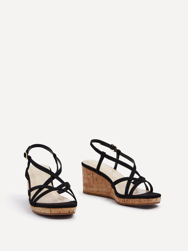Linzi Black Faux Suede Strappy Wedge Sandal With Wrap Around Ankle Strap