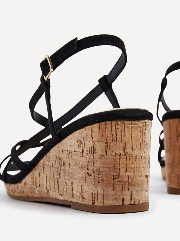 Linzi Black Faux Suede Strappy Wedge Sandal With Wrap Around Ankle Strap