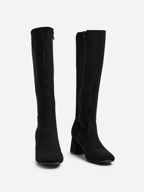 Linzi Black Faux Suede Stretch Block Heeled Knee High Boot