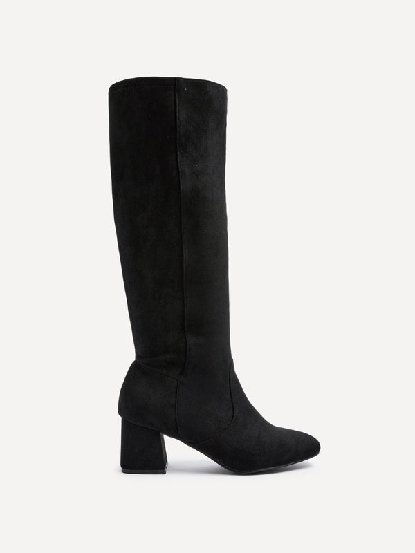 Linzi Black Faux Suede Stretch Block Heeled Knee High Boot