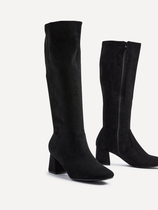 Linzi Black Faux Suede Stretch Block Heeled Knee High Boot
