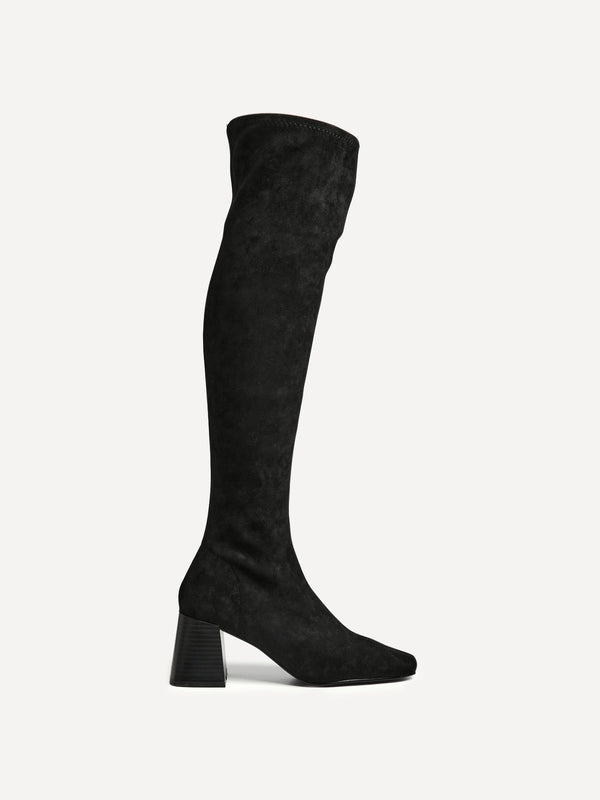 Linzi Black Faux Suede Stretch Over The Knee Boot With Wooden Heel