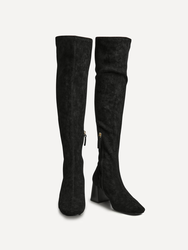 Linzi Black Faux Suede Stretch Over The Knee Boot With Wooden Heel