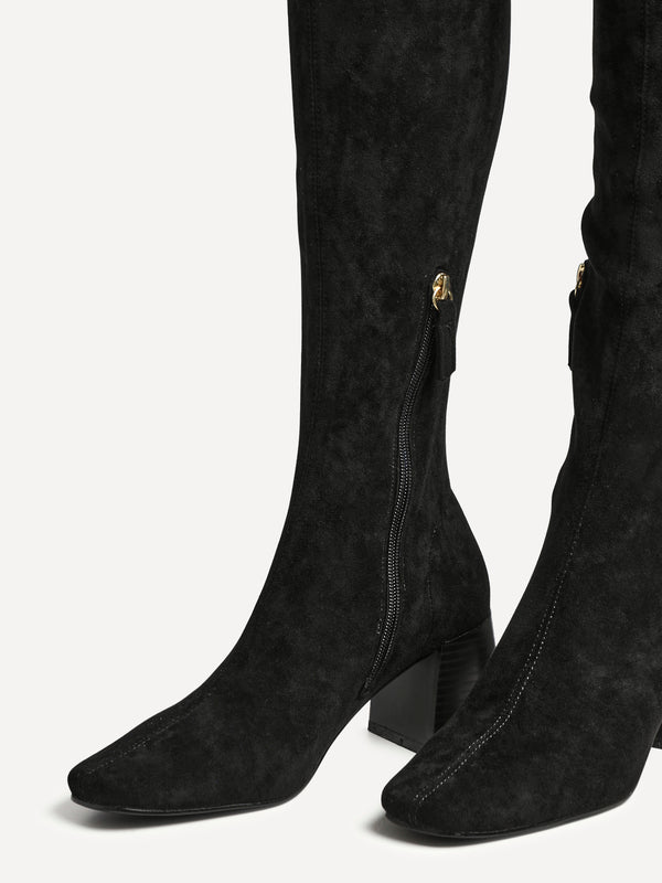 Linzi Black Faux Suede Stretch Over The Knee Boot With Wooden Heel