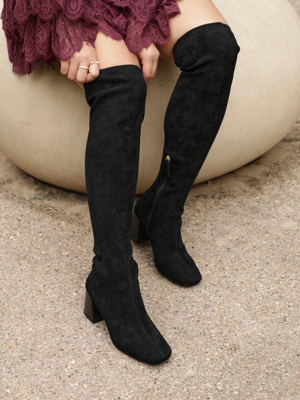 linzi Black Faux Suede Stretch Over The Knee Boot With Wooden Heel