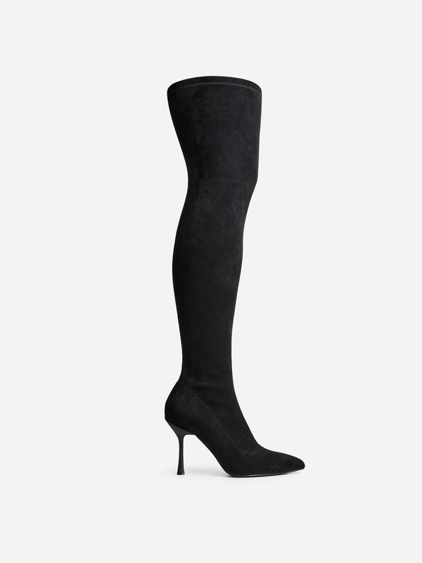 Linzi Black Faux Suede Thigh High Strech Stiletto Heel Boot