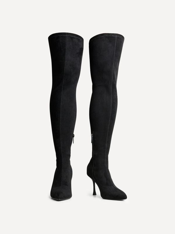 Linzi Black Faux Suede Thigh High Strech Stiletto Heel Boot