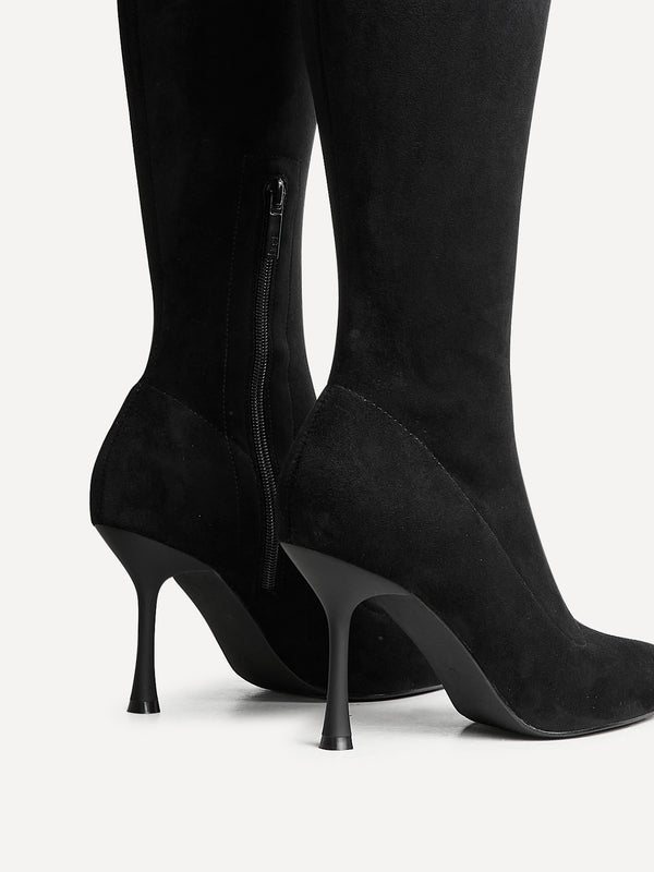 Linzi Black Faux Suede Thigh High Strech Stiletto Heel Boot