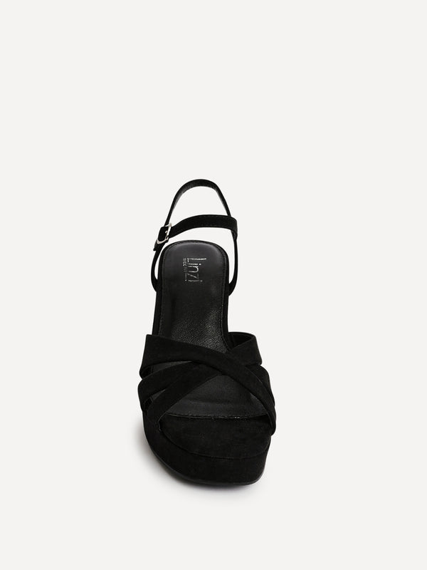 Linzi Black Faux Suede Wide Fit Crossover Platform Heels