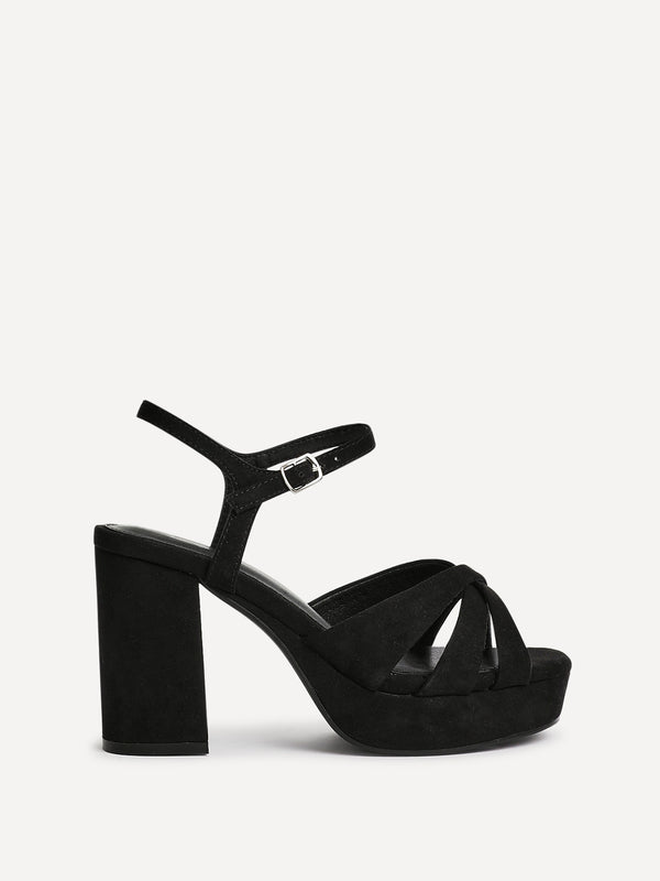Linzi Black Faux Suede Wide Fit Crossover Platform Heels