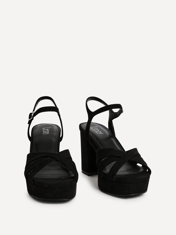 Linzi Black Faux Suede Wide Fit Crossover Platform Heels
