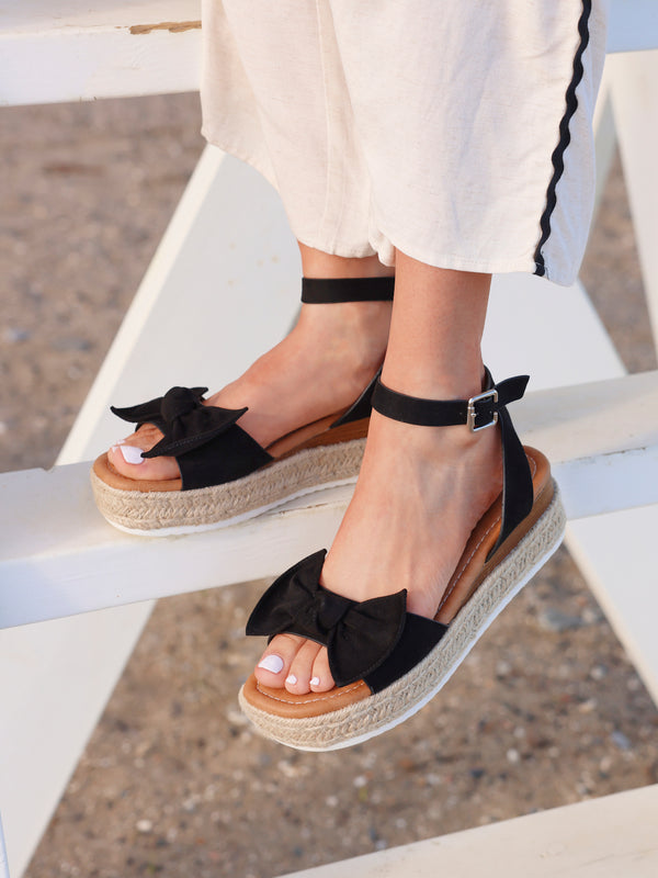 linzi Black Flatform Espadrille Inspired Sandal with Bow Detail