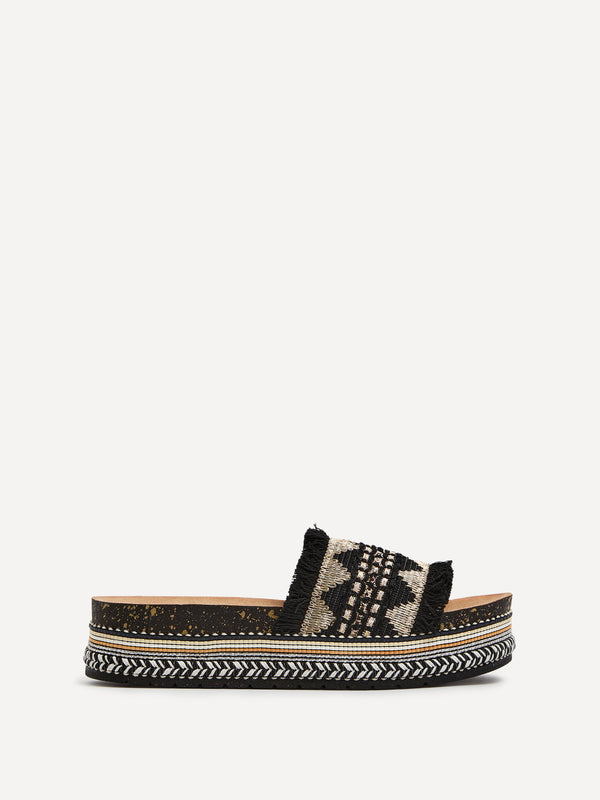 Linzi Black & Gold Flatform Slip On Sandal With Embellished Front Strap
