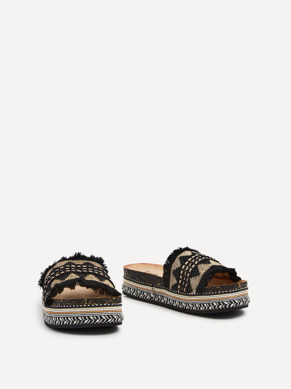 Linzi Black & Gold Flatform Slip On Sandal With Embellished Front Strap