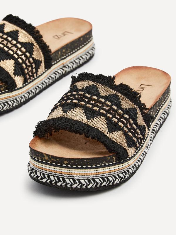 Linzi Black & Gold Flatform Slip On Sandal With Embellished Front Strap