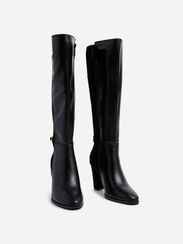 Linzi Black High Leg Block Heeled Boot With Buckle Detail