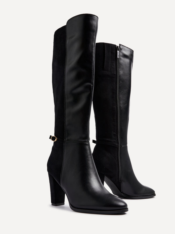 Linzi Black High Leg Block Heeled Boot With Buckle Detail