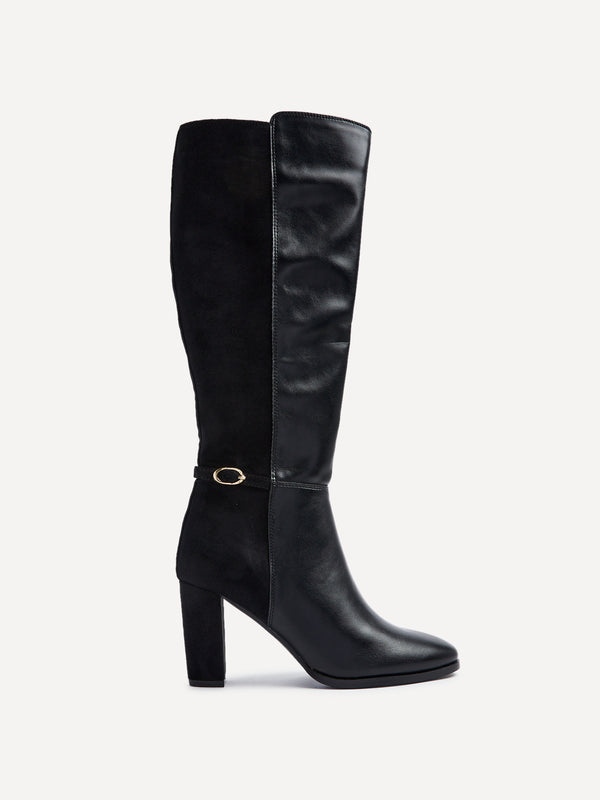 Linzi Black High Leg Block Heeled Boot With Buckle Detail