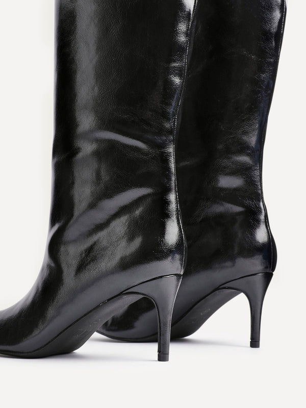 Linzi Black High Shine Pointed Toe High Leg Heeled Boots