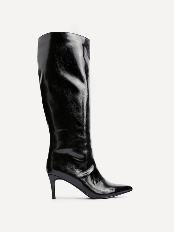 Linzi Black High Shine Pointed Toe High Leg Heeled Boots