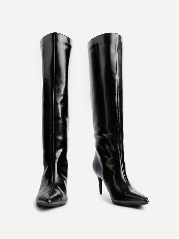 Linzi Black High Shine Pointed Toe High Leg Heeled Boots