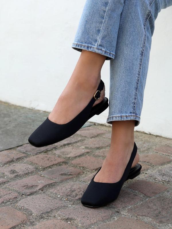 linzi Black Lycra Square Toe Flat Shoe With Open Back
