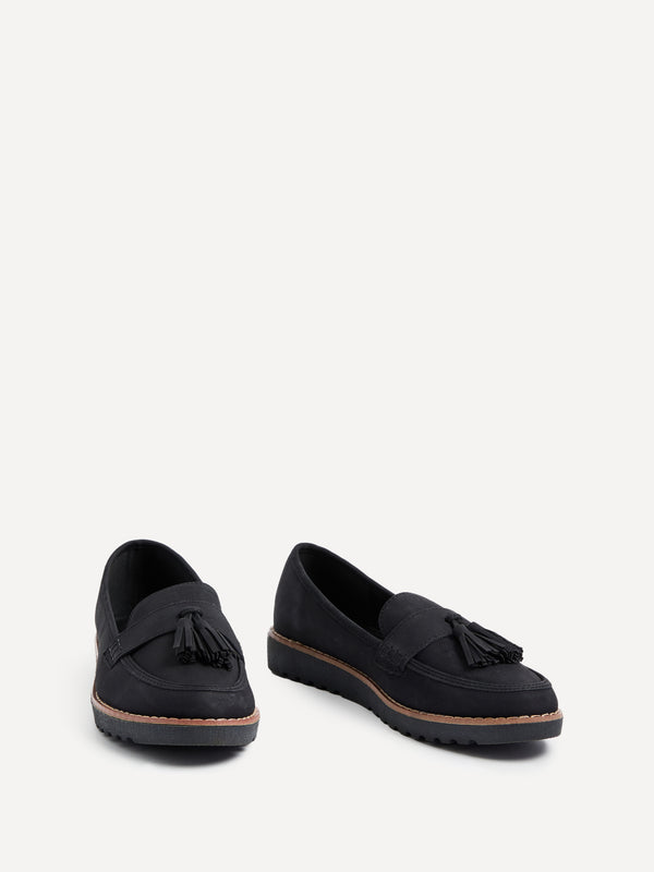 Linzi Black Nubuck Classic Slip On Loafer With Tassel Detail