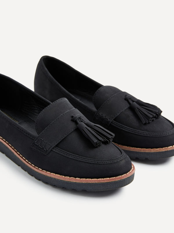 Linzi Black Nubuck Classic Slip On Loafer With Tassel Detail
