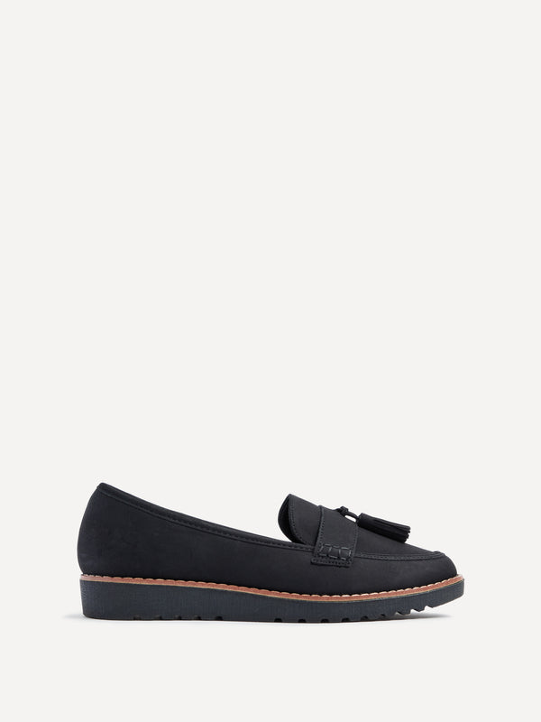 Linzi Black Nubuck Classic Slip On Loafer With Tassel Detail