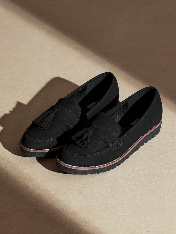 linzi Black Nubuck Classic Slip On Loafer With Tassel Detail