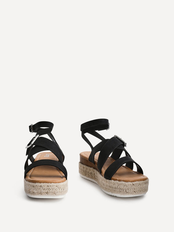 Linzi Black Nubuck Strappy Flatform Sandal With Buckle Detail