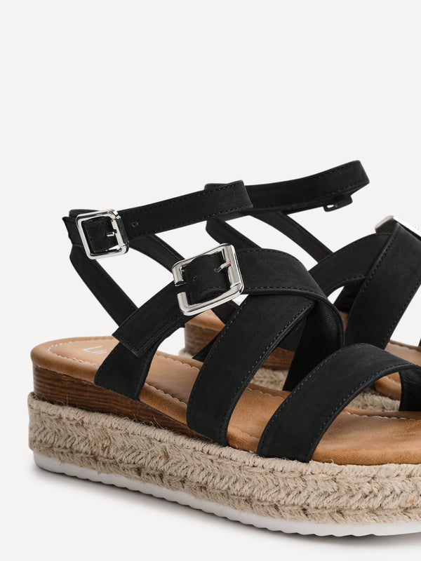 Linzi Black Nubuck Strappy Flatform Sandal With Buckle Detail