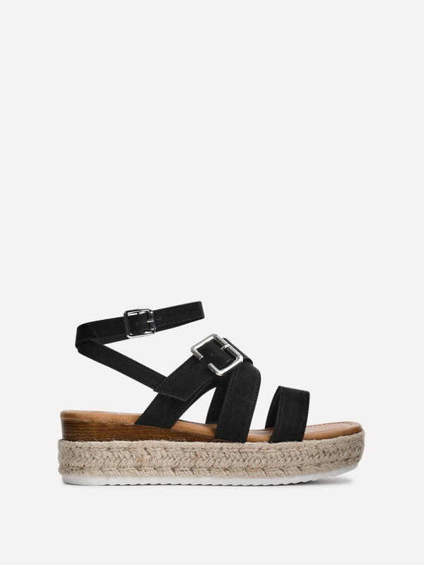 Linzi Black Nubuck Strappy Flatform Sandal With Buckle Detail