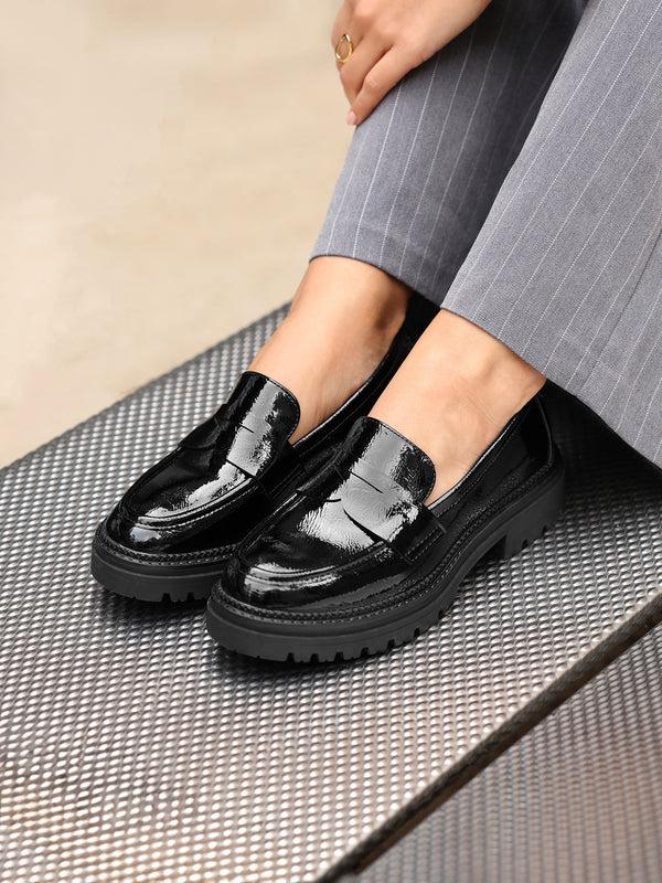 linzi Black Patent Chunky Loafer With Classic Front Tab