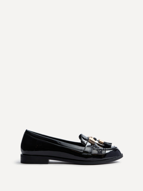 Linzi Black Patent Classic Loafer With Gold Bar & Tassel Detail
