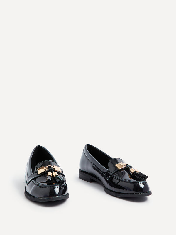 Linzi Black Patent Classic Loafer With Gold Bar & Tassel Detail