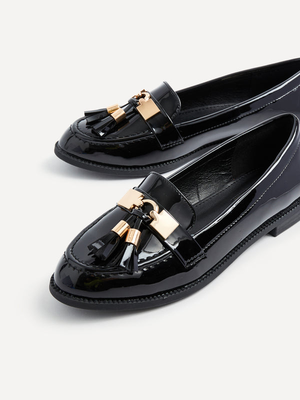 Linzi Black Patent Classic Loafer With Gold Bar & Tassel Detail