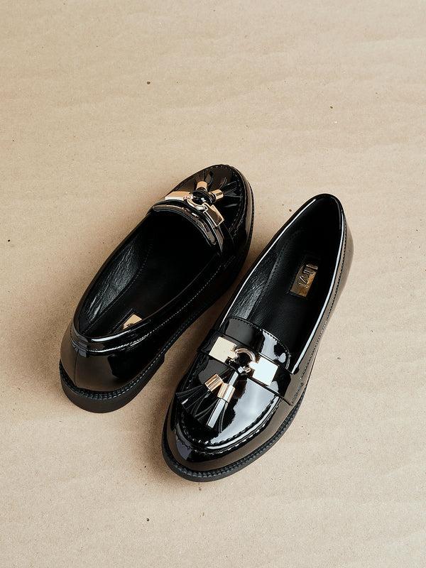 linzi Black Patent Classic Loafer with Gold Bar & Tassel Detail
