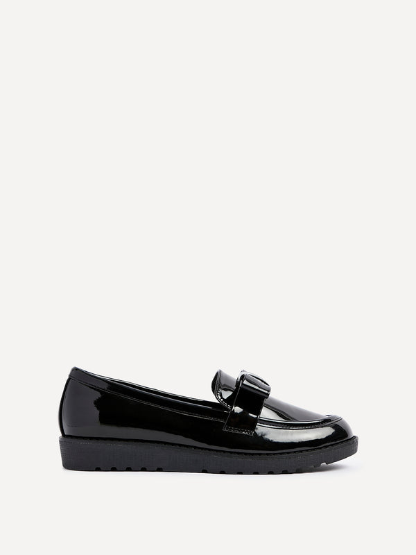 Linzi Black Patent Classic Slip On Loafer With Bow Detail