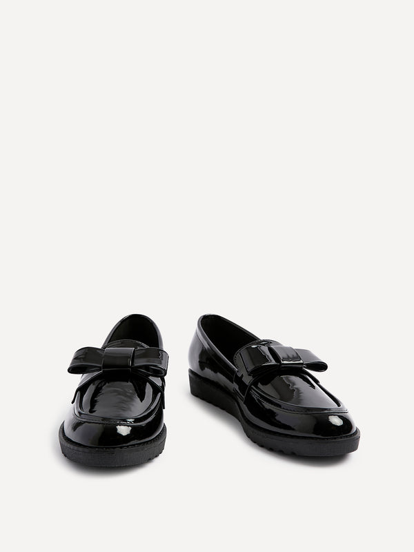 Linzi Black Patent Classic Slip On Loafer With Bow Detail