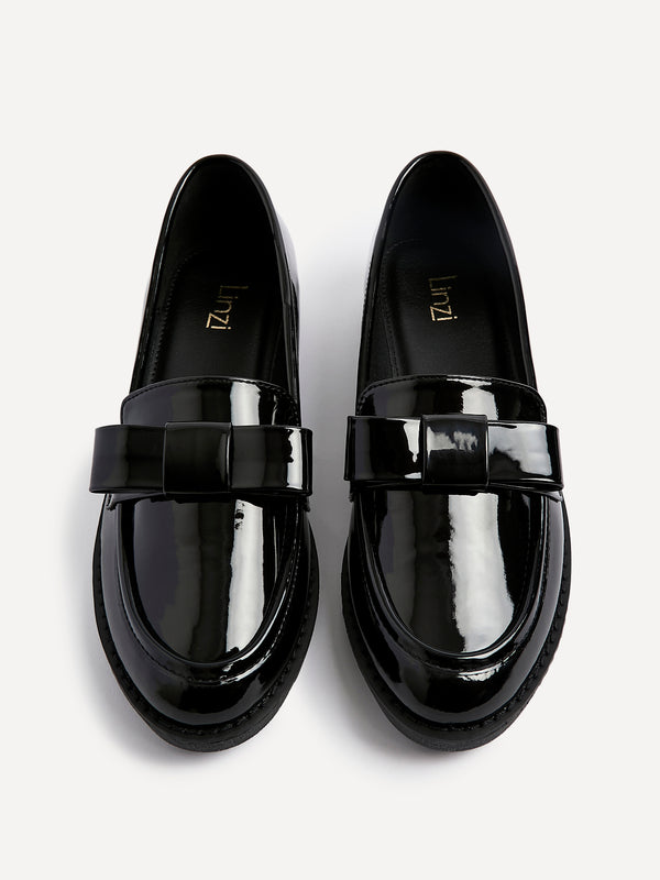 Linzi Black Patent Classic Slip On Loafer With Bow Detail