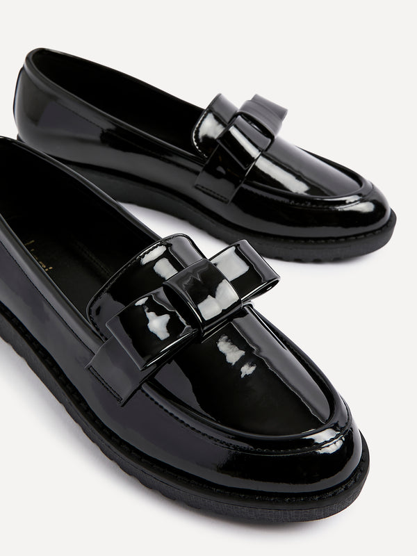 linzi Black Patent Classic Slip On Loafer With Bow Detail