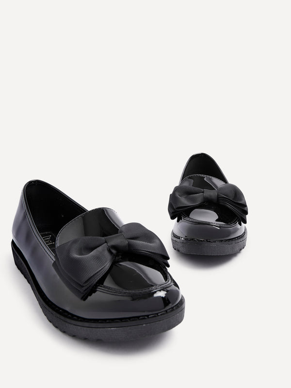 Linzi Black Patent Classic Slip On Loafer With Fabric Bow Detail