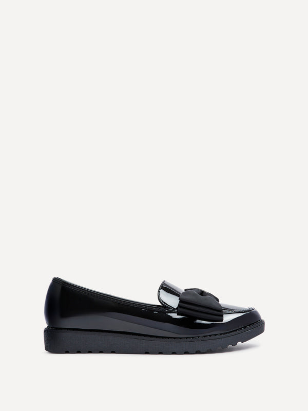 Linzi Black Patent Classic Slip On Loafer With Fabric Bow Detail