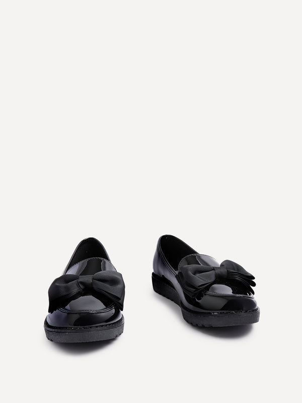 Linzi Black Patent Classic Slip On Loafer With Fabric Bow Detail